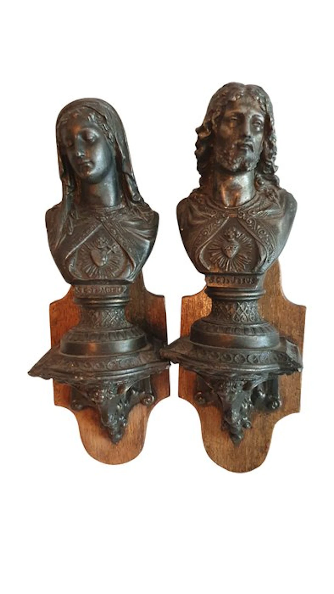 Two wall sculptures - Jesus and the Virgin Mary - Sacred Hearts - 20 cm - Metal