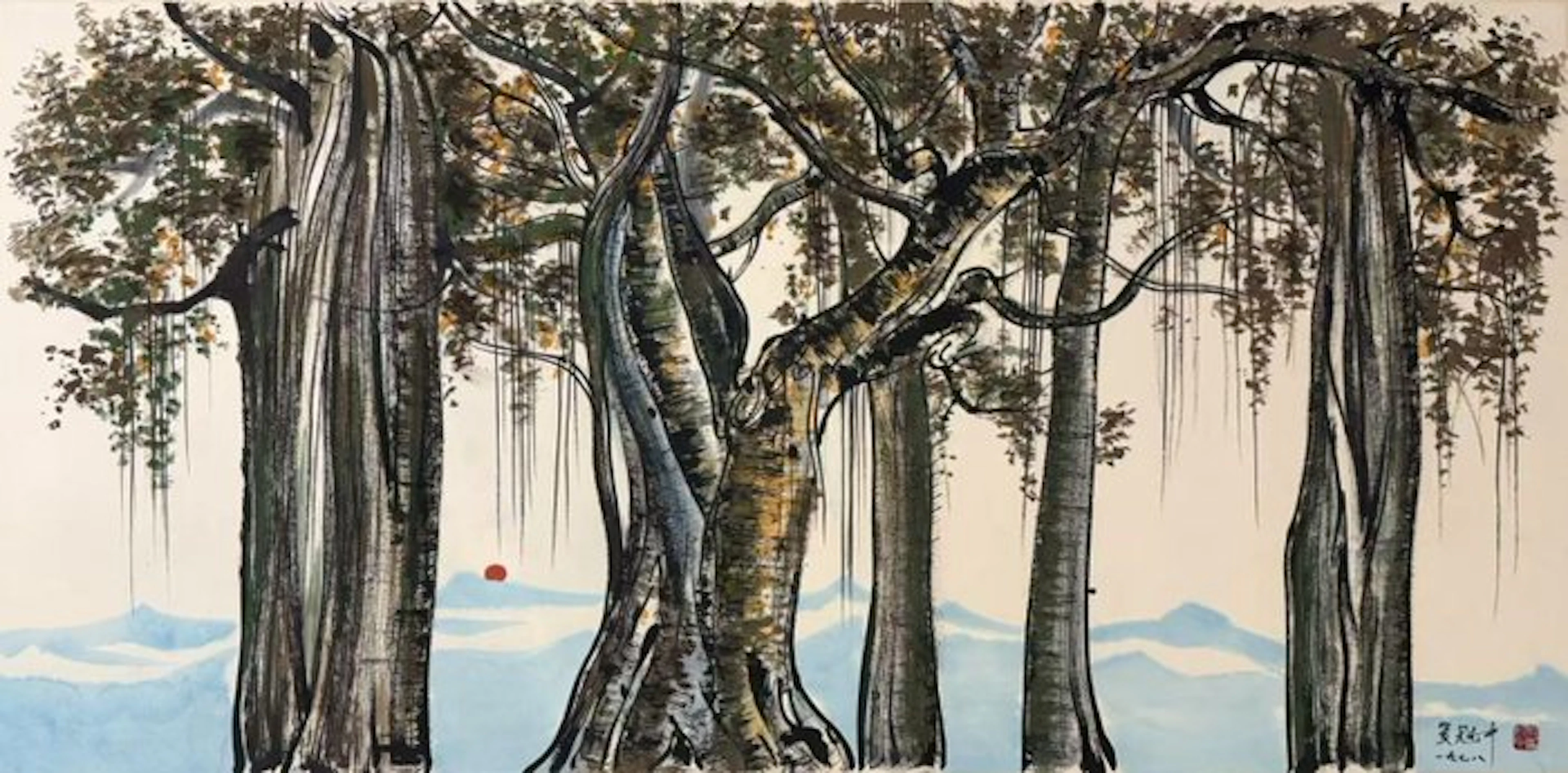 INK AND COLOR ON PAPER PAINTING"Landscape"《西双版纳榕树》 - Attributed to - China