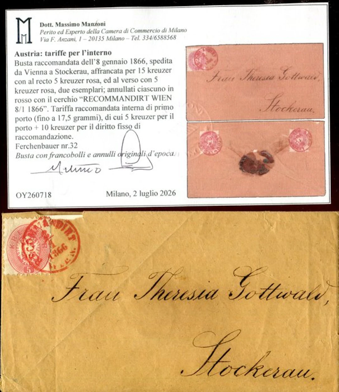 Austria 1865 - Registered letter from Vienna to Stokerau...