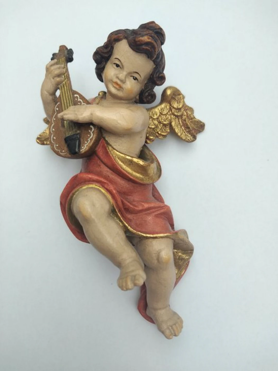 Carving, Holzfigur - farbiger Engel mit Mandoline...