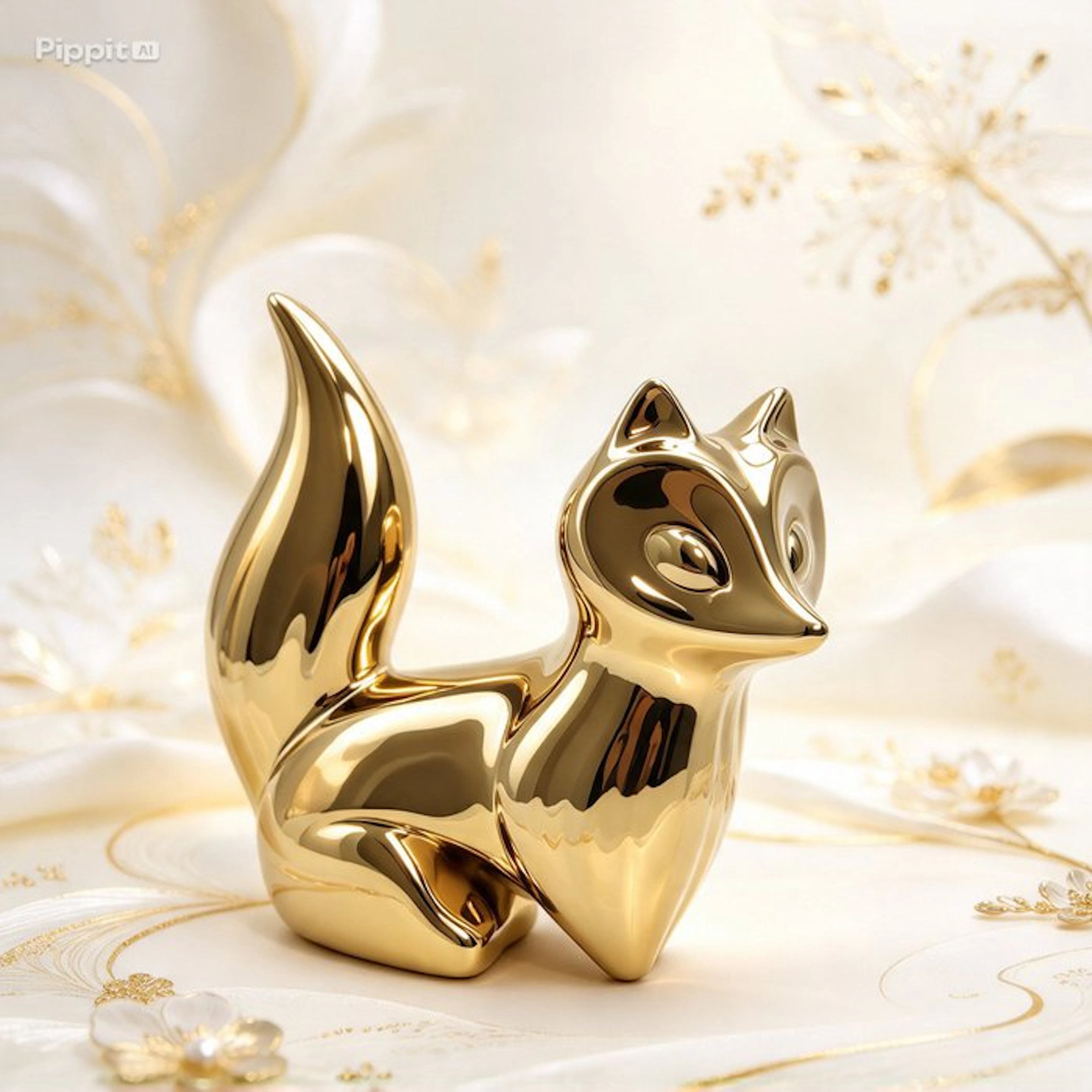 Figurine - Scultura di Volpe in Resina Dorata a Specchio - Resin