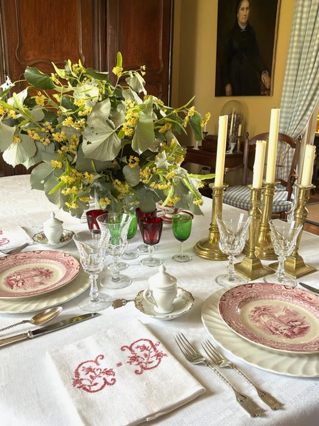 6 Early XXth Century damask linen napkins with C.D