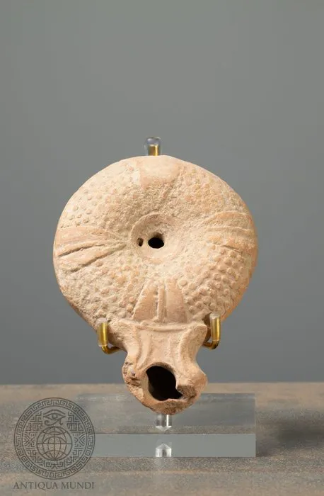 Ancient Roman Terracotta Nabataean Oil Lamp with Radial Relief Decoration