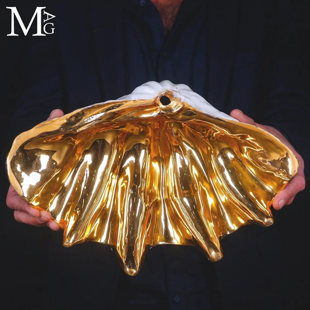 A Vintage Ceramic Tridacna Shell with Brilliant Gold...
