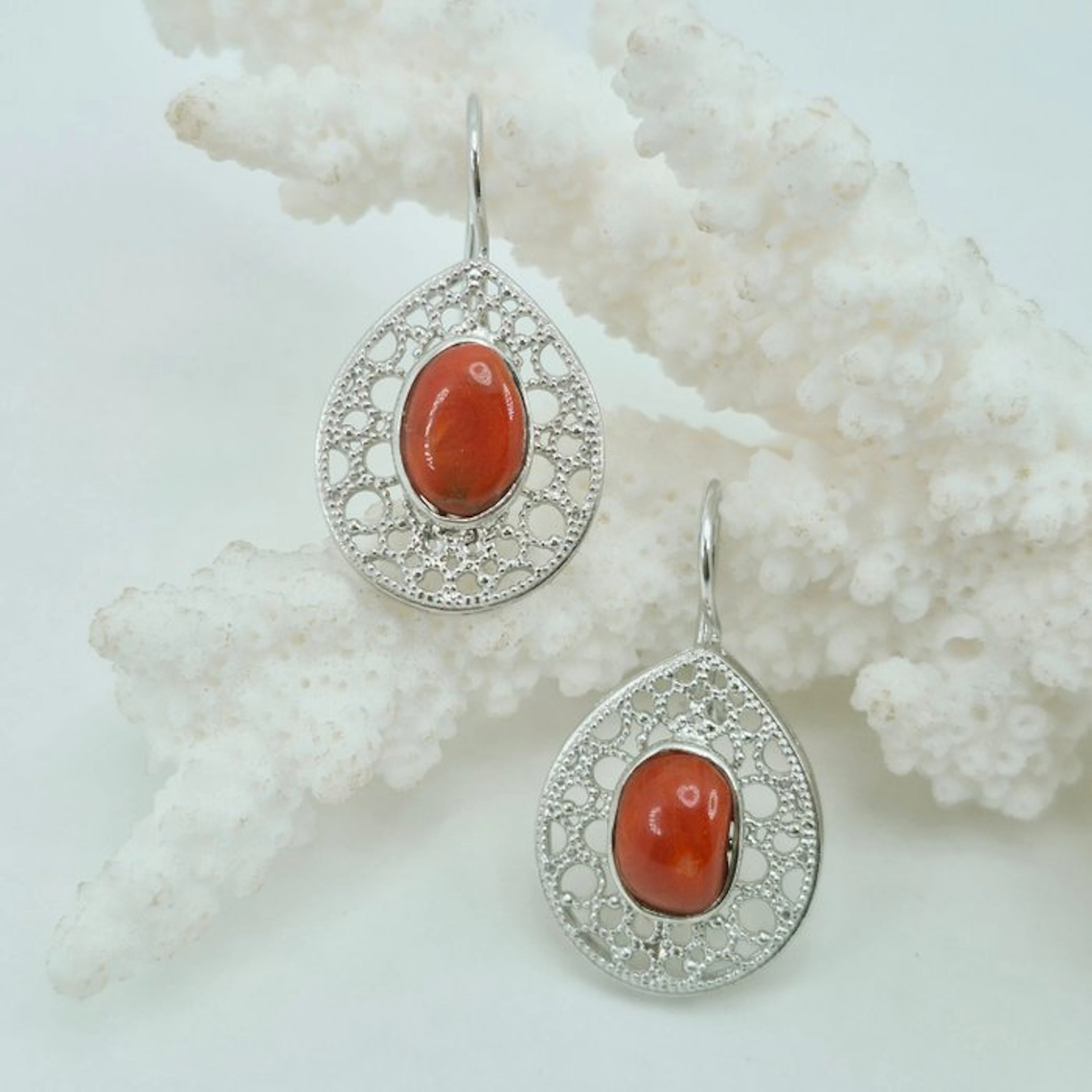Coral - Silver - Earrings - CORALLO MEDITERRANEO