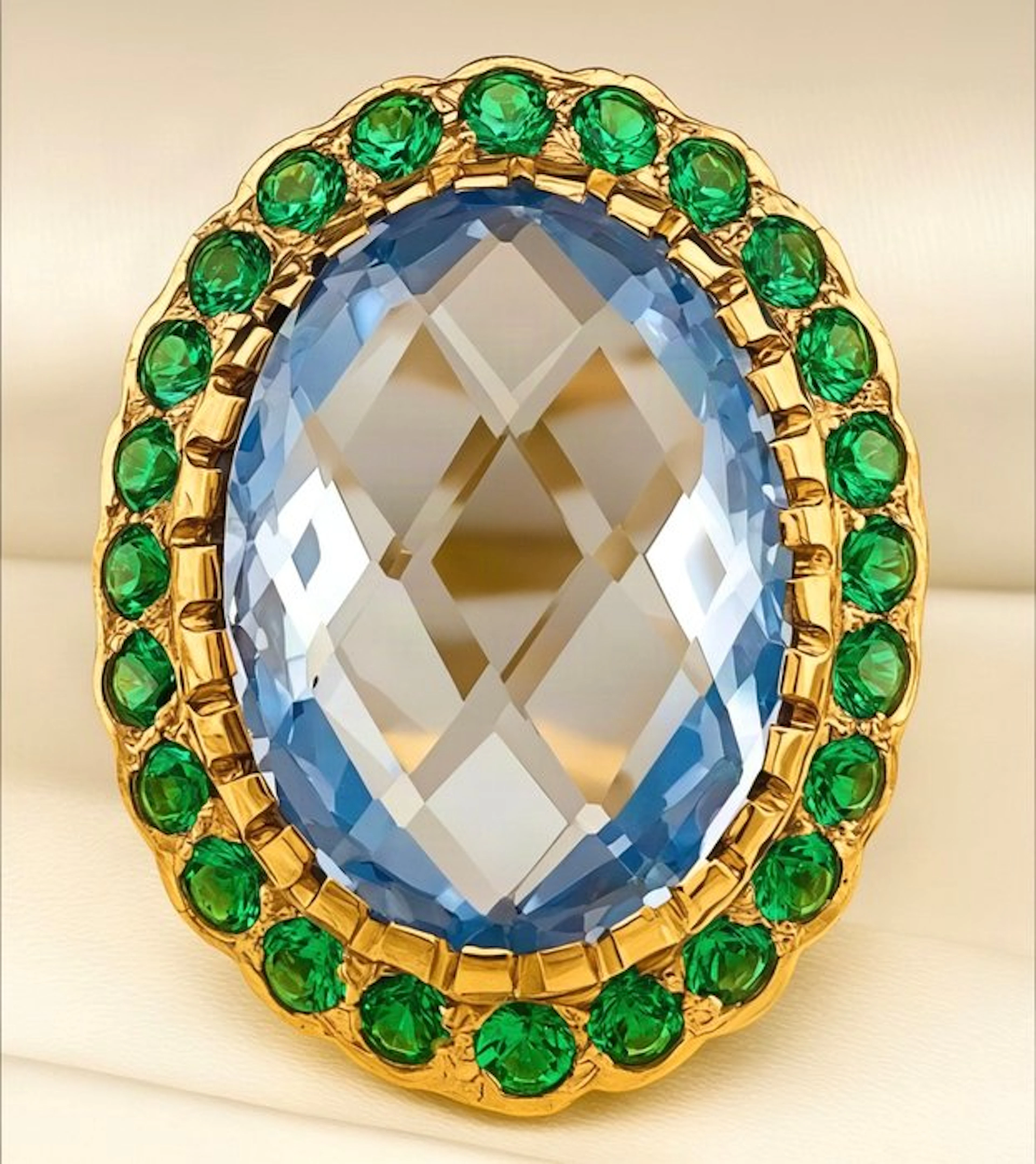 No reserve price - Ring - 9 kt. Yellow gold, Silver Aquamarine - Emerald