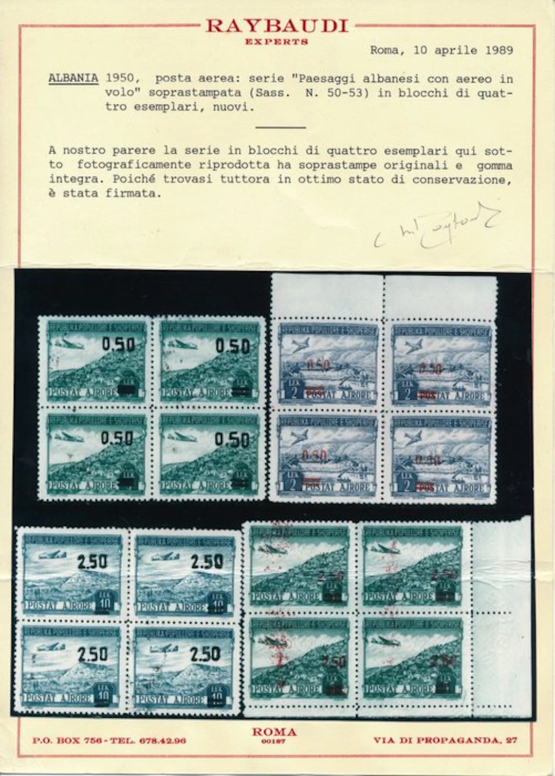 Albania 1950/1952 - Both airmail issues in four-stamp blocks