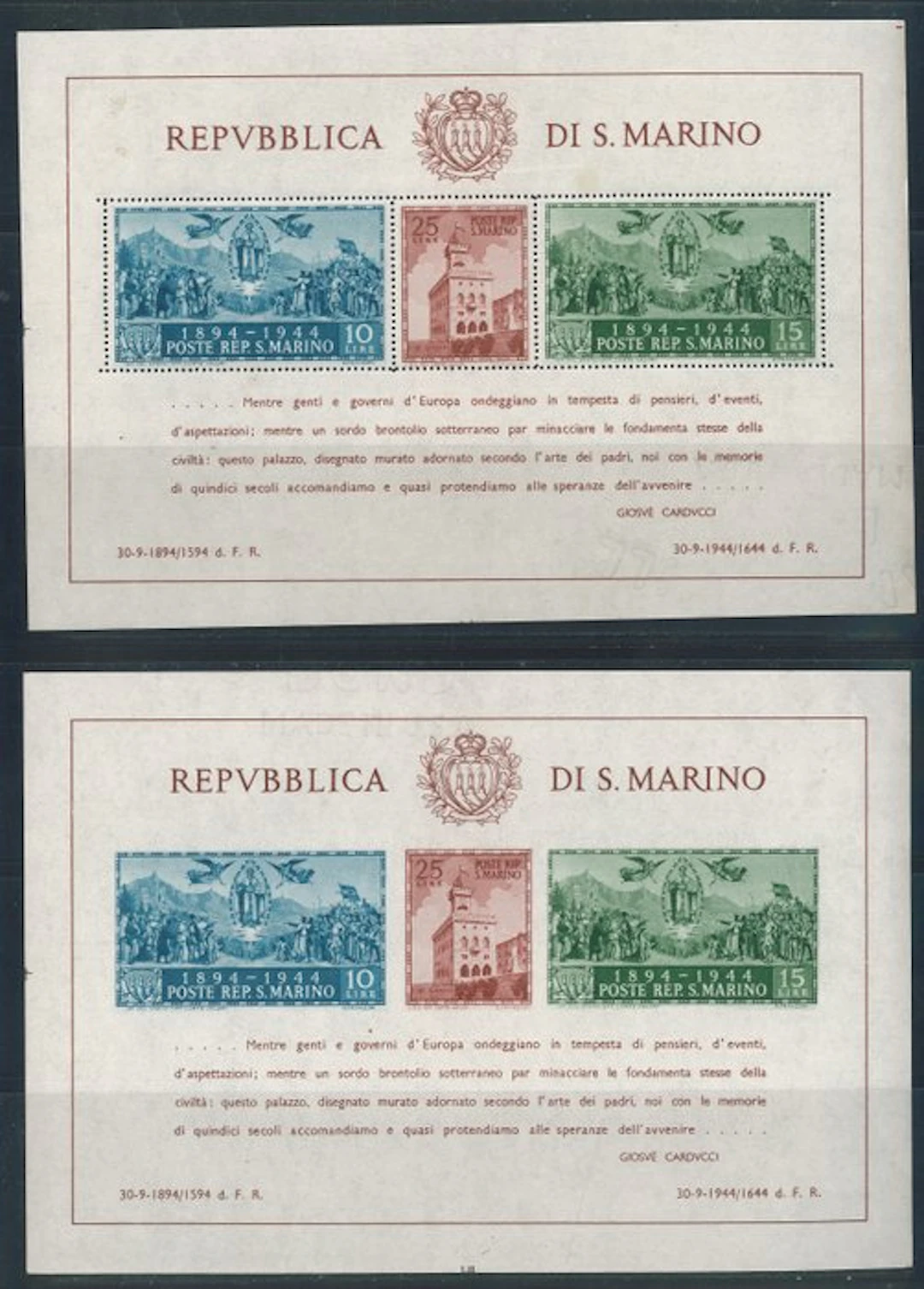 San Marino - Carducci, B.F. nos. 6b/7b, both with Hammermill watermark.