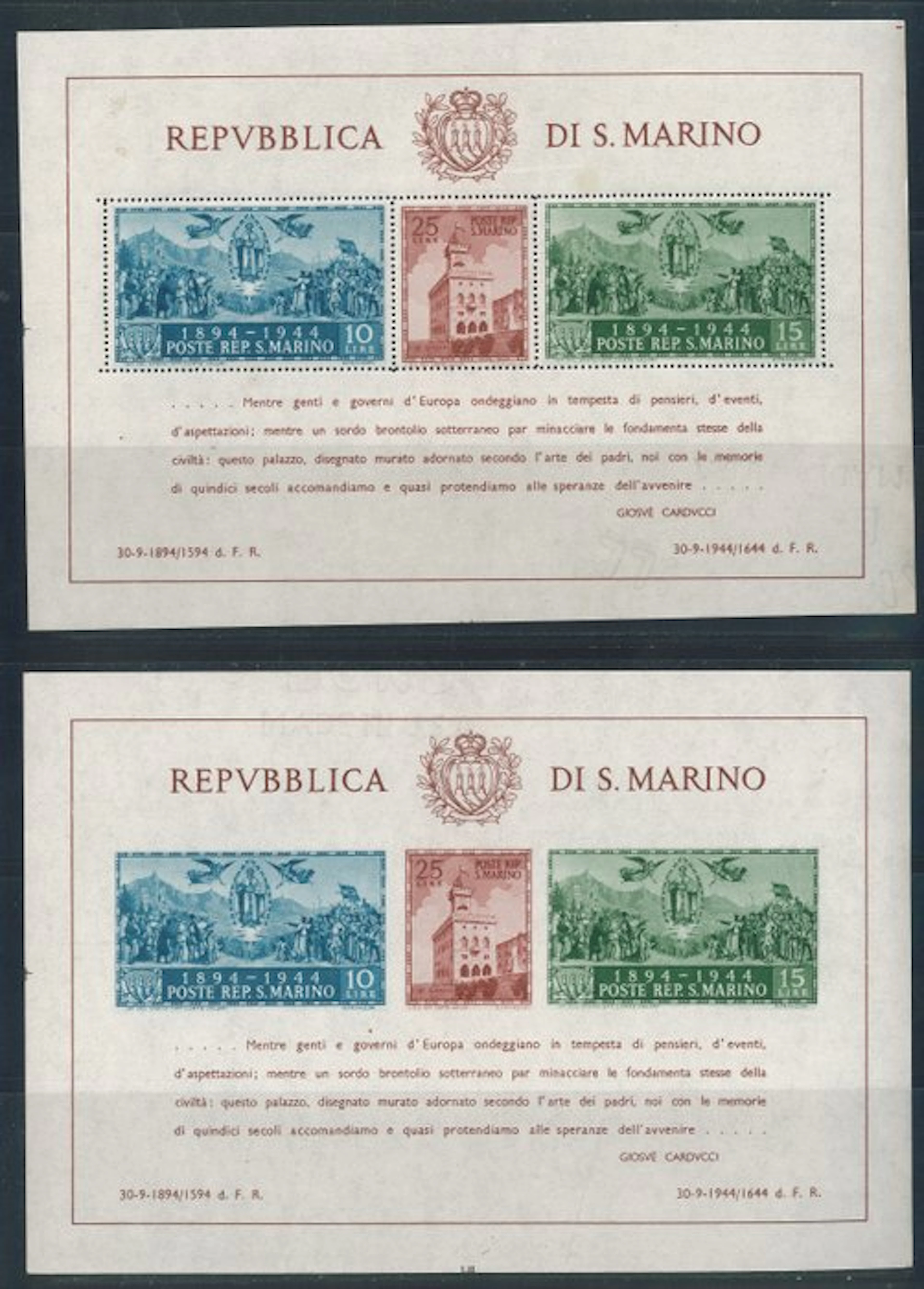 San Marino - Carducci, B.F. nos. 6b/7b, both with Hammermill watermark.