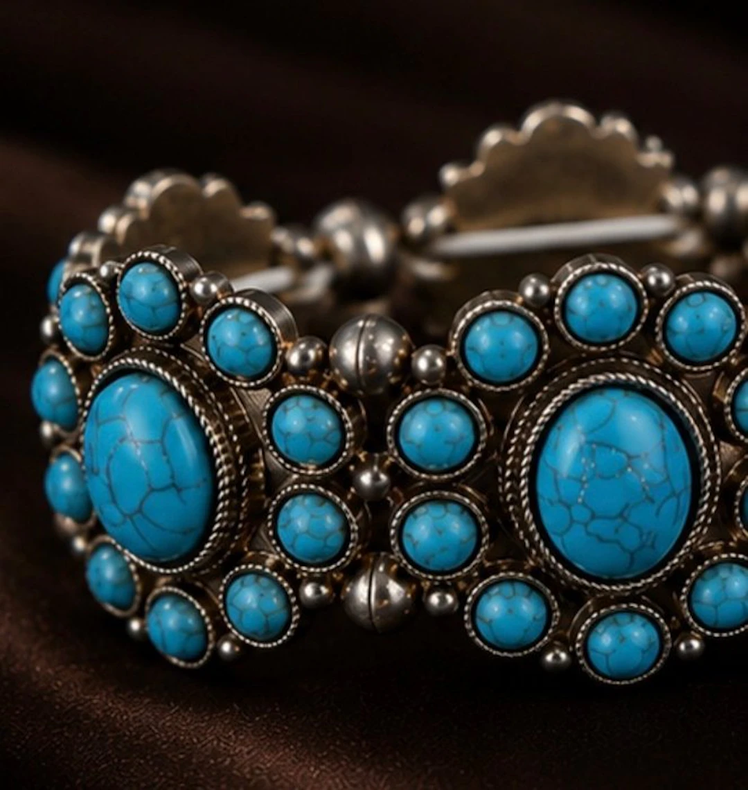 Vintage Tibetan Silver Blue Turquoise Cabochon Stretch...