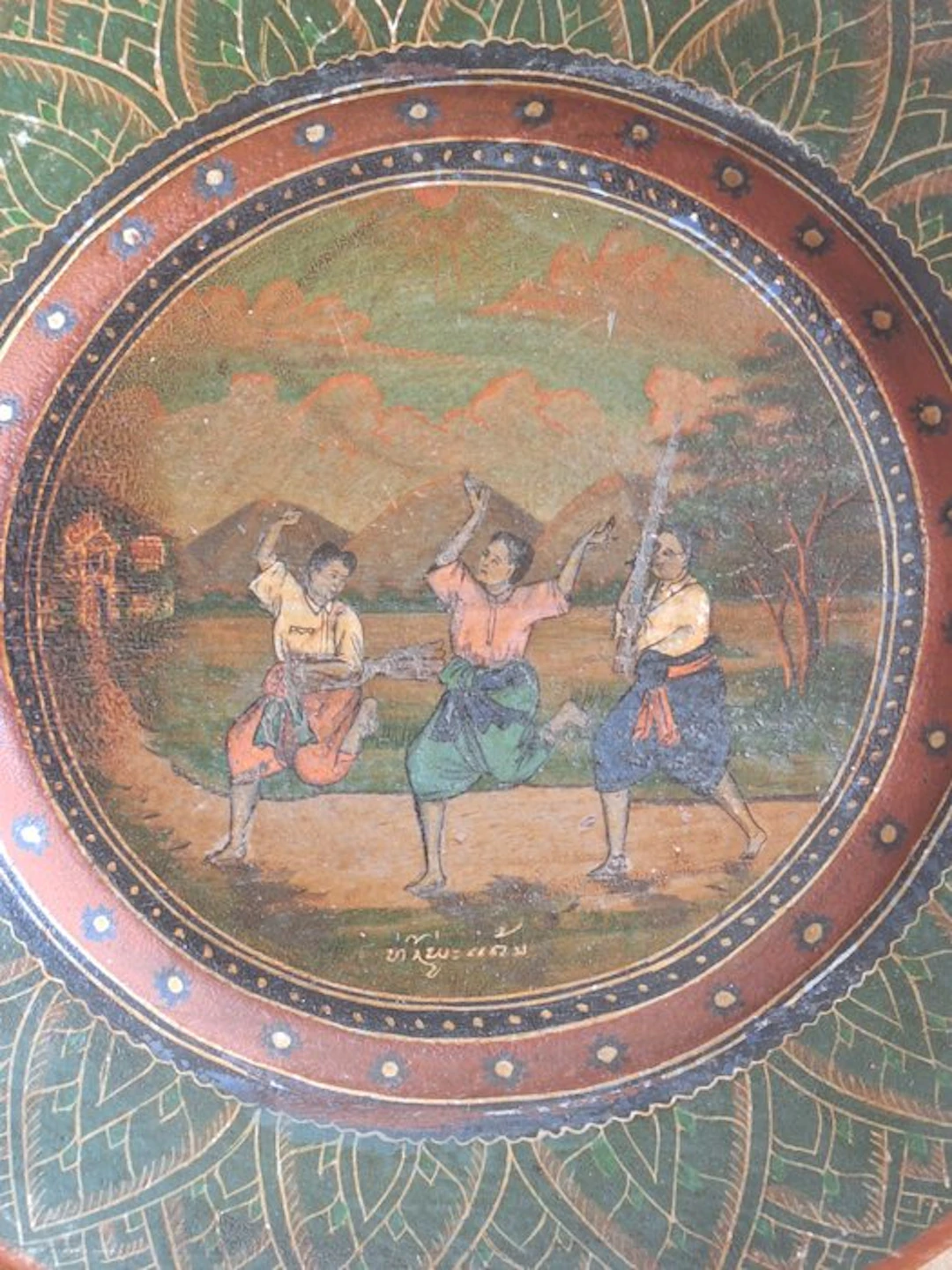 Set of 3 Thai plates, hand-painted. - Wood - Asiatique - Thailand