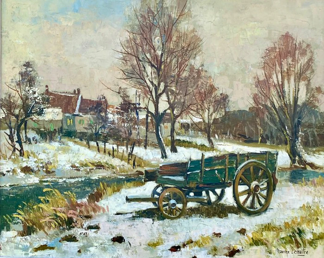 Maurice Lemaitre (1929-2018) - Élégant paysage enneigé animé à la charrette