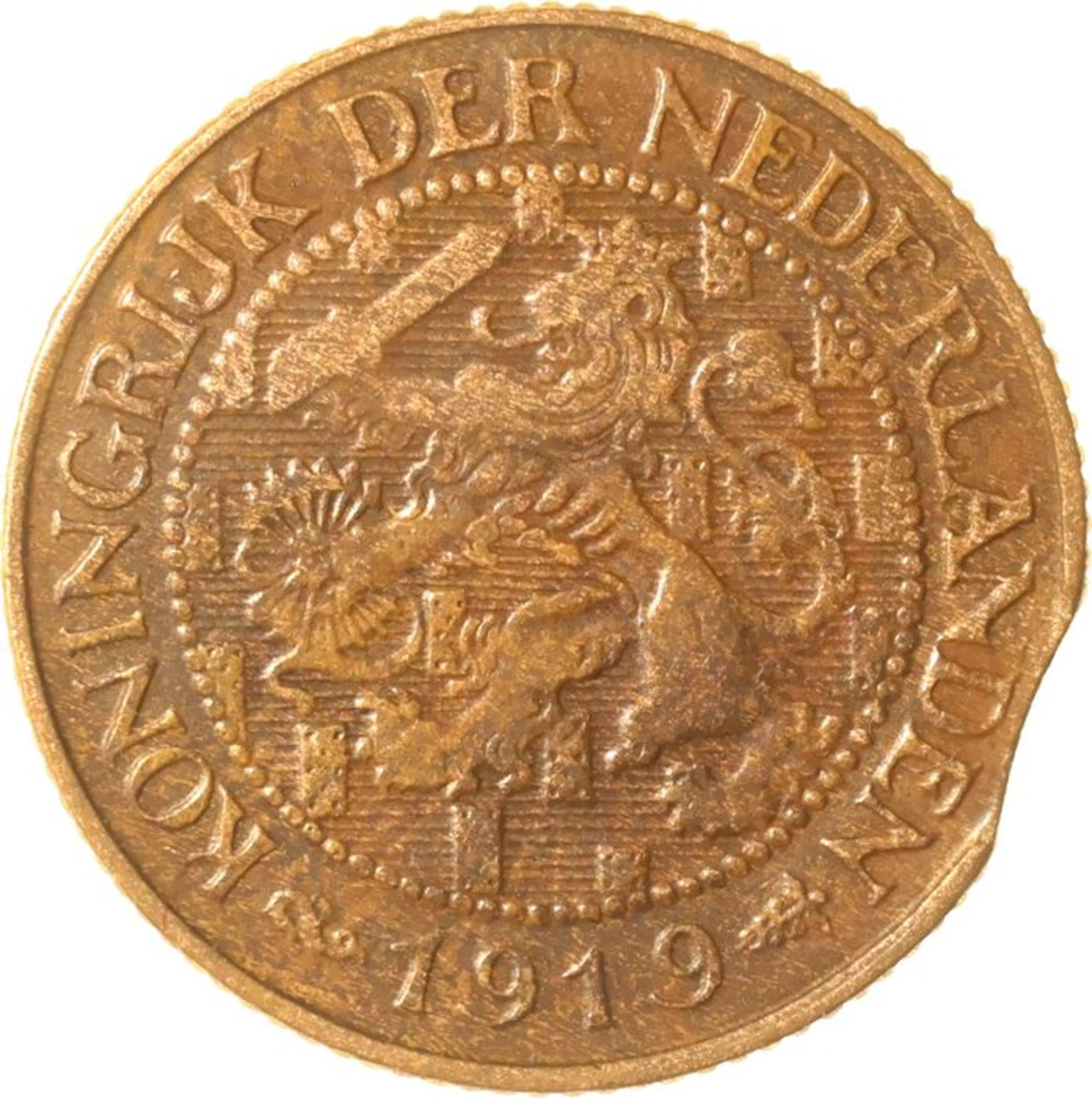 Netherlands. Wilhelmina. Misslag 1 Cent 1919 "stansfout" (No reserve price)