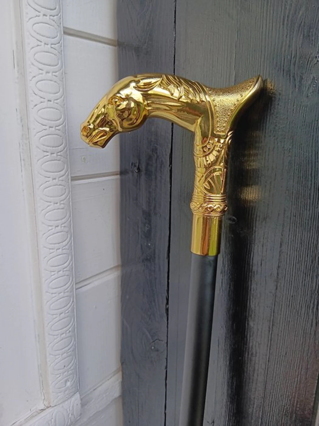 Walking stick - Gold-gilded horse - metal wood