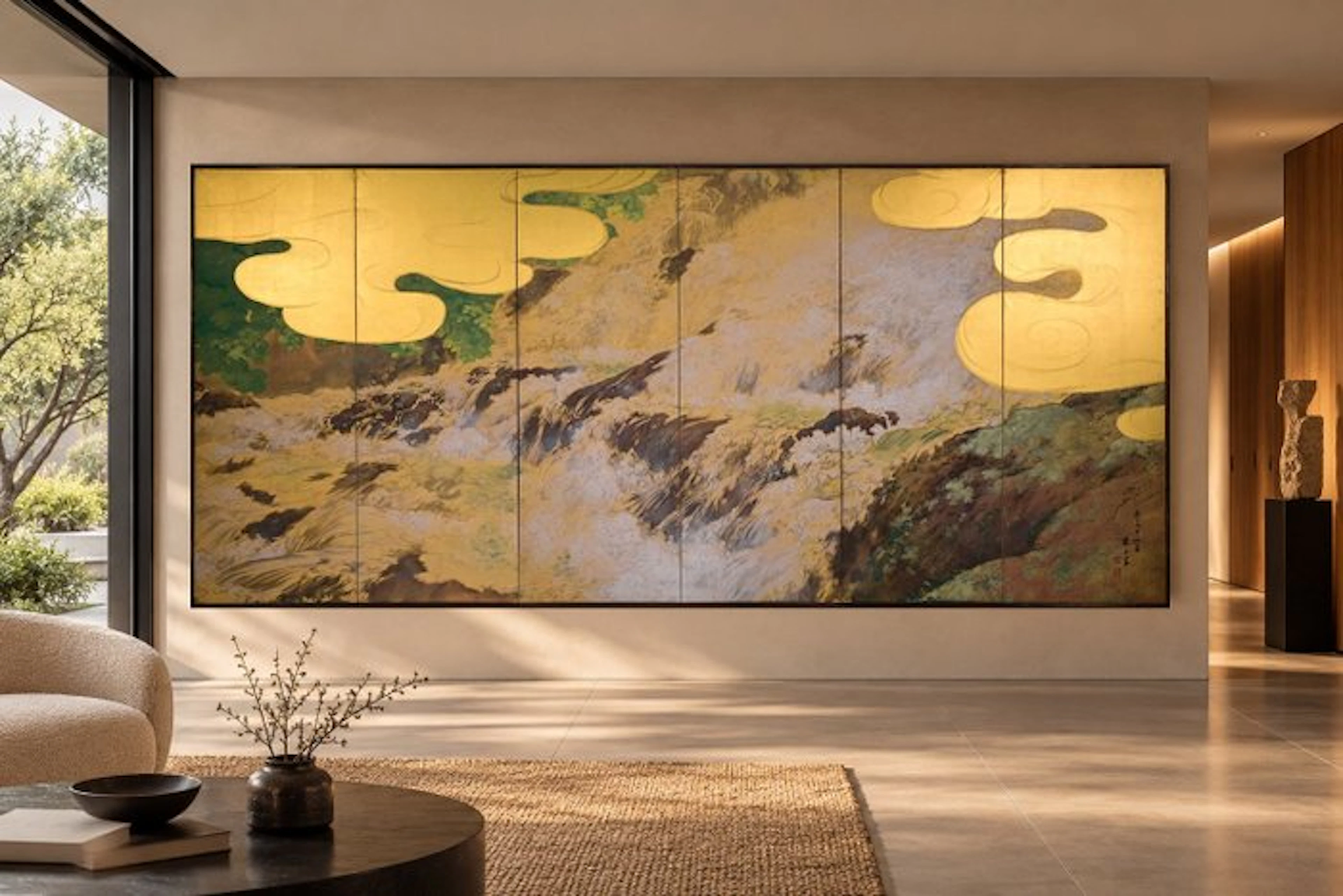 A six-panel byobu folding screen with rapids and gold clouds - Paper