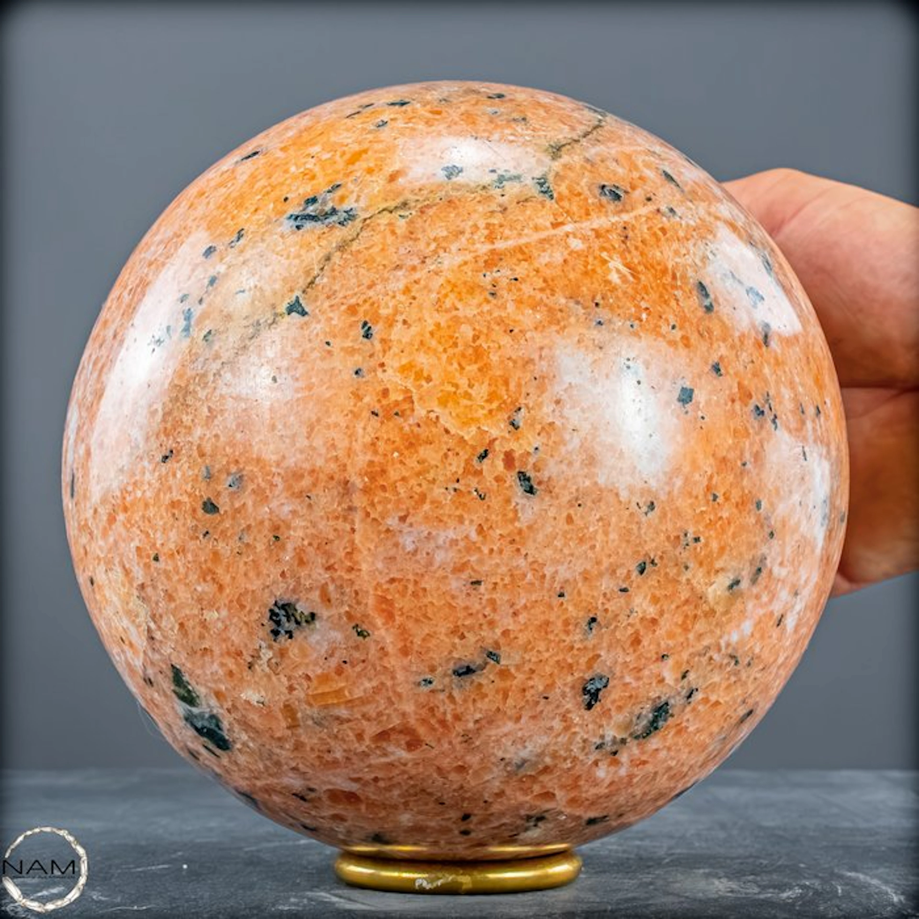 Natural First Quality Orange Calcite and Tourmaline Sphere- 5662.81 g