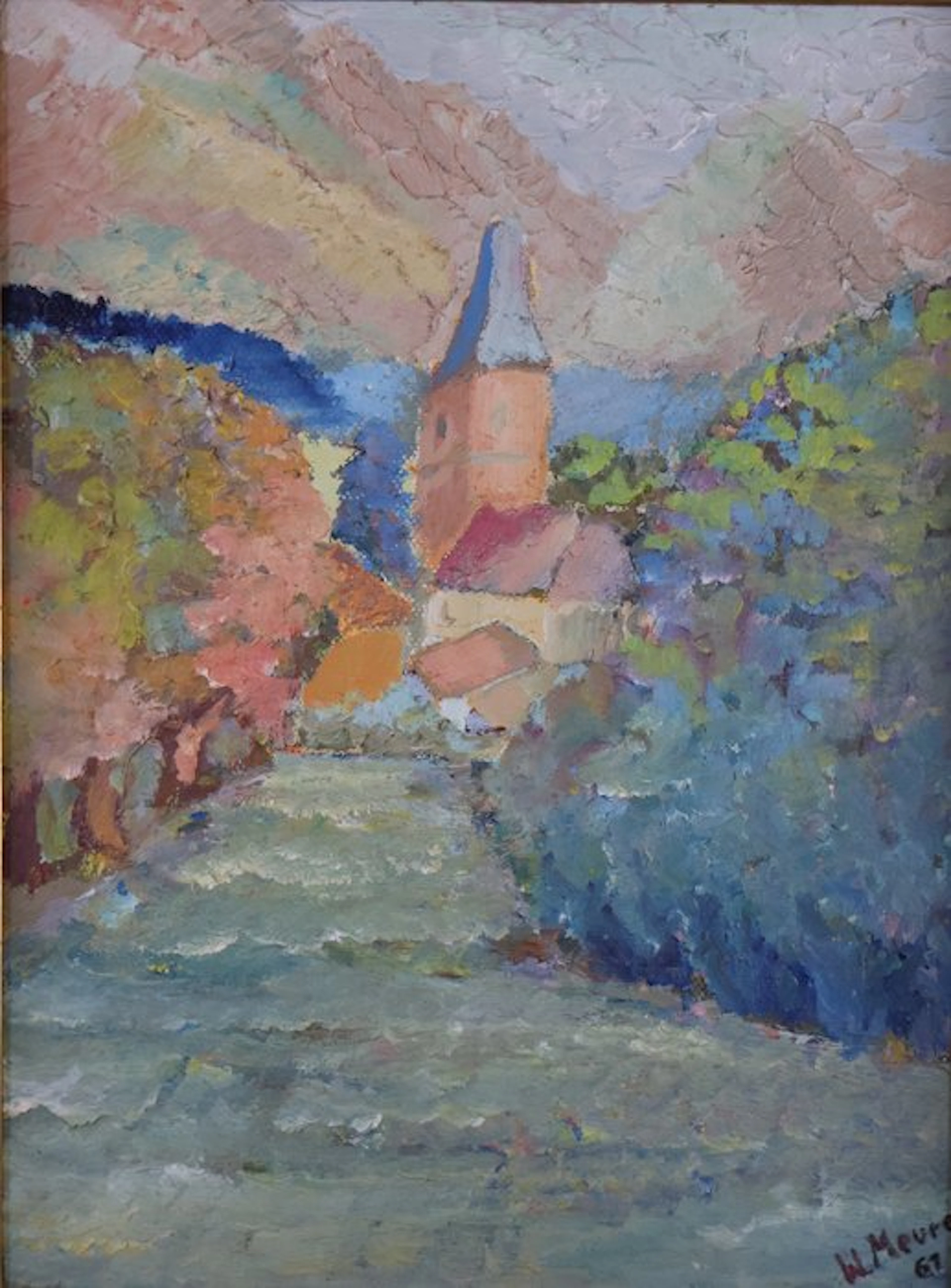 German school (XX), signed "W. Meurer" - Dorfstraße mit Kirchturm im Herbst