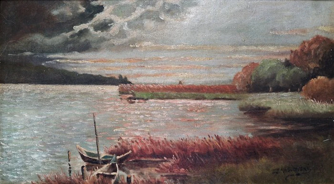 Stanislaw Maslowski (1853-1926) - Autumn landscape with boats on a lake