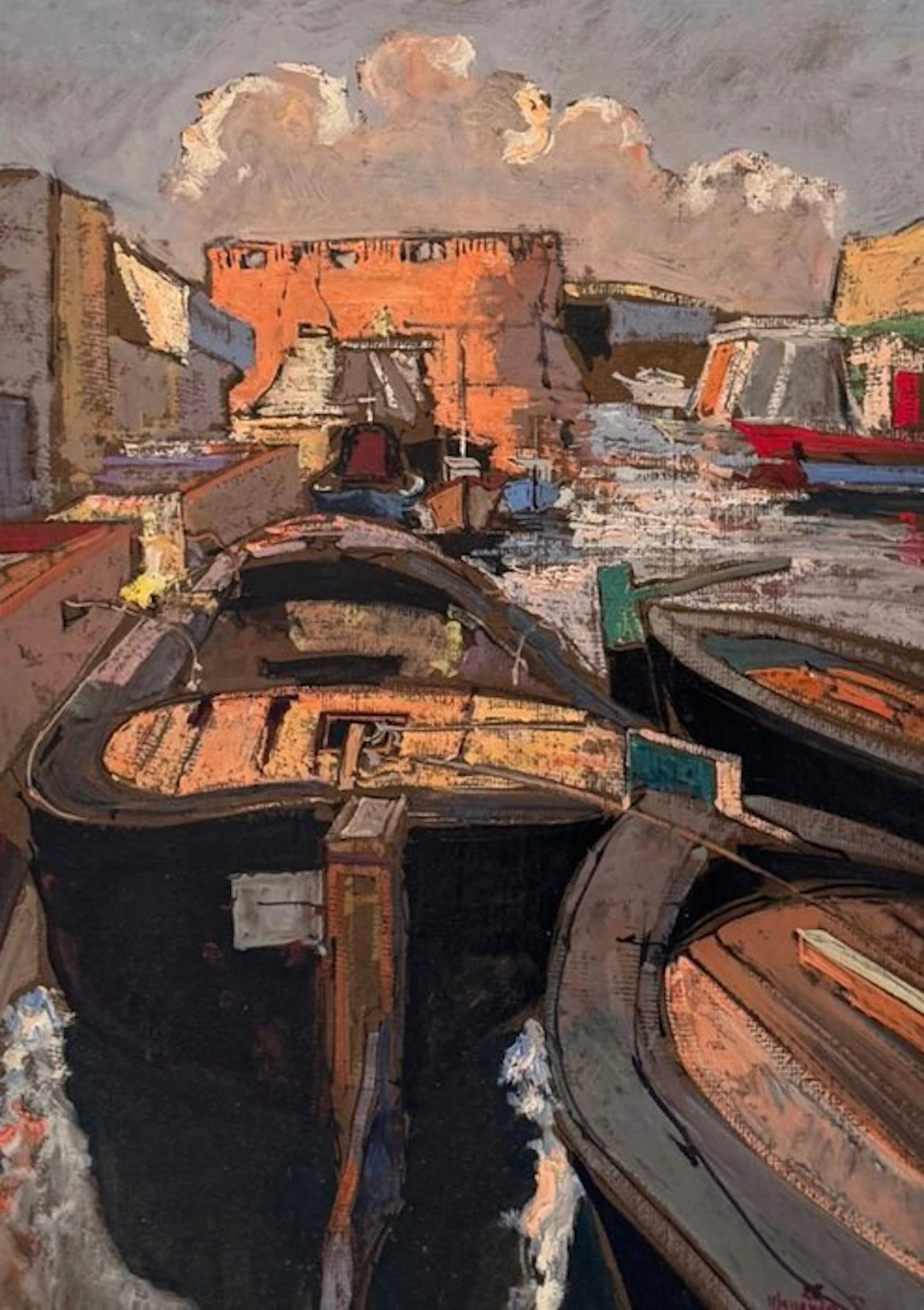 Franco Mazzaccherini (1940) - Scorcio di Livorno con Barconi e Fortezza
