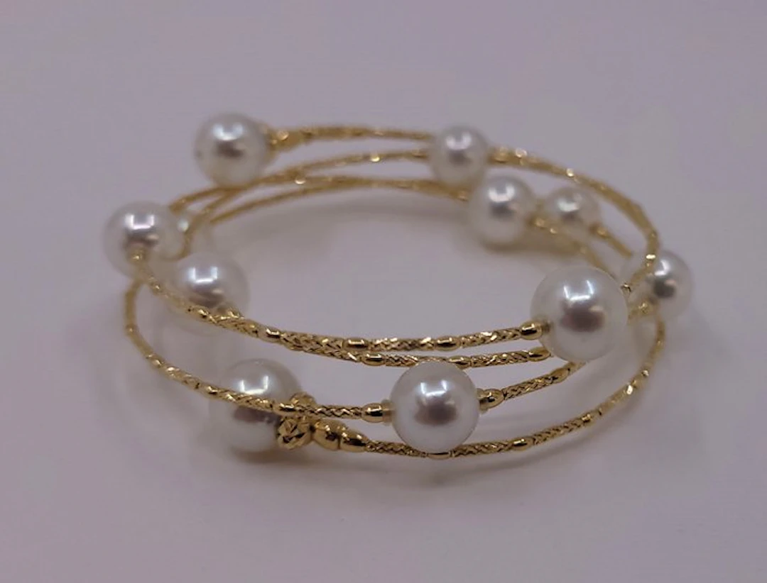 Bracelet - 18 kt. ALGT Certified Akoya Pearls, Yellow gold - 7x8mm