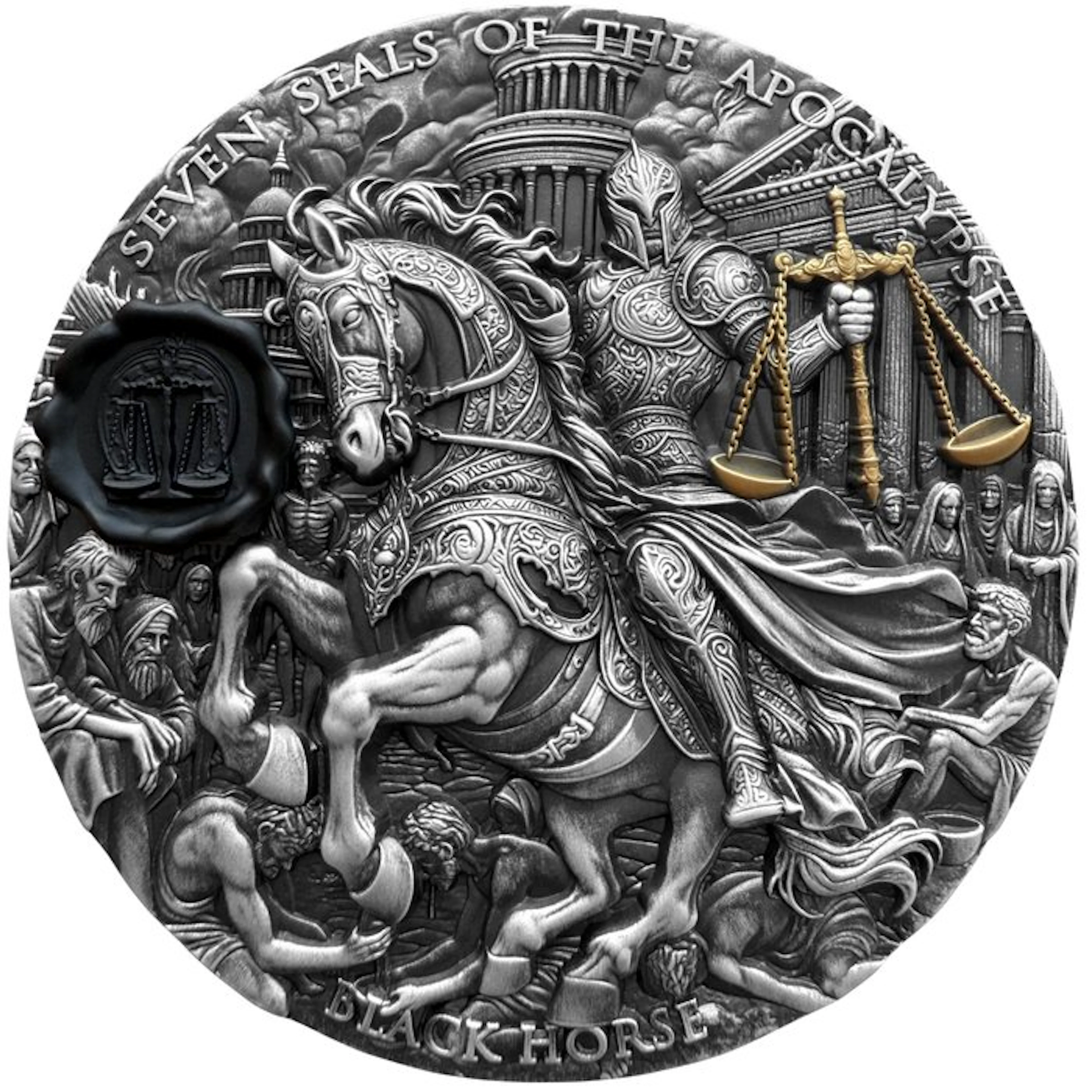 Niue. 7 Dollars 2026 Black Horse Seven Seals of the Apocalypse 3 Oz (.999)