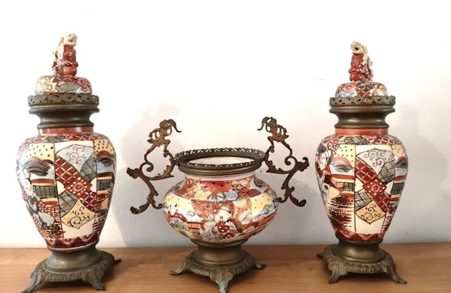 Antique 3-piece Japanese Satsuma cabinet set / mantel...