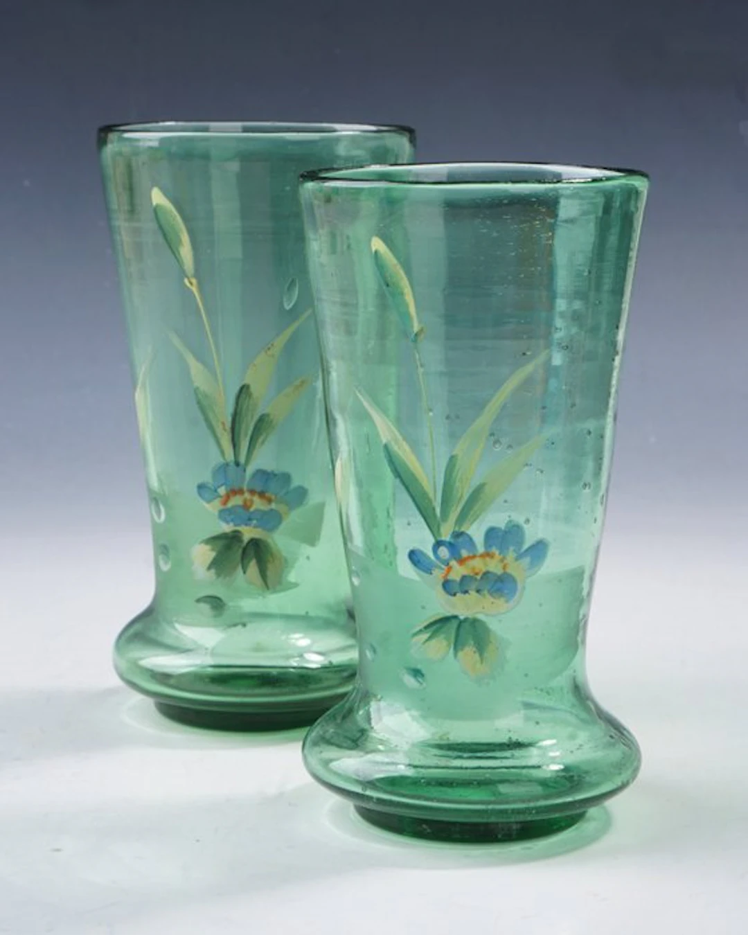 Vase (2) - Sea-green 'Waldglas' with sky-blue cornflower...