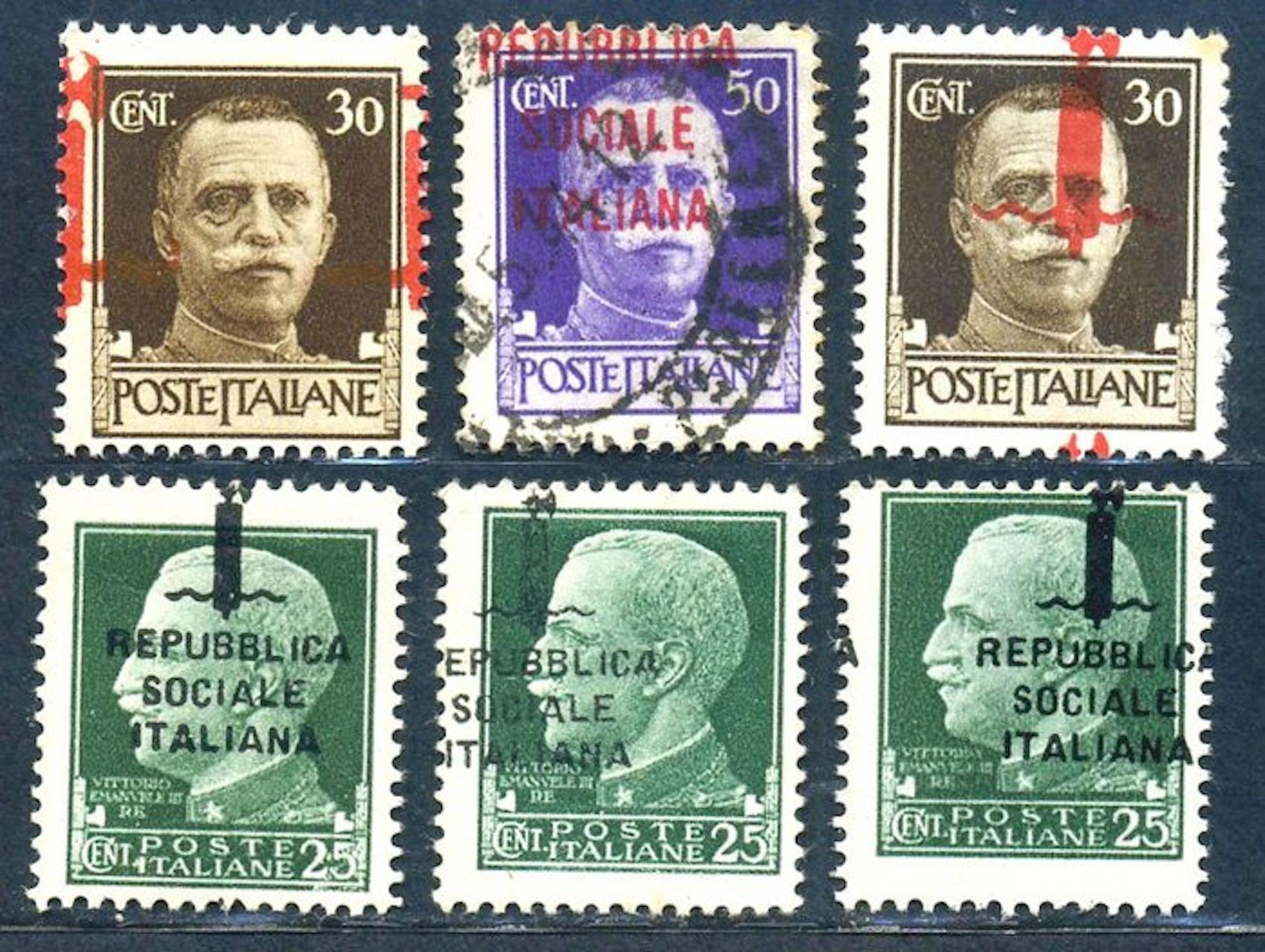 Italy 1944 - RSI - 5 values with interesting shifts in the overprint