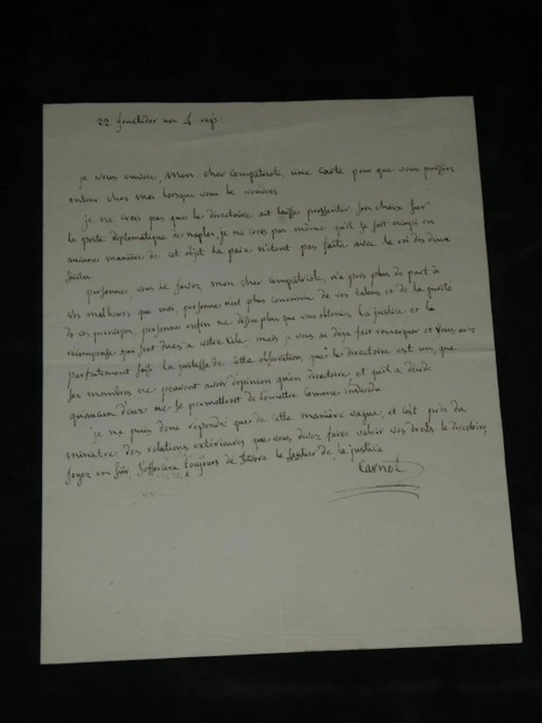 Lazare Carnot - Lettre autographe signée au Directoire diplomatie Naples - 1796