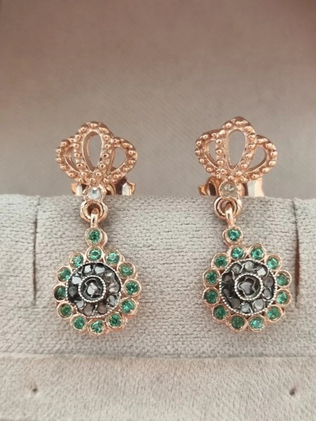 No reserve price - Earrings - 9 kt. Silver, Rose gold Emerald - Diamond