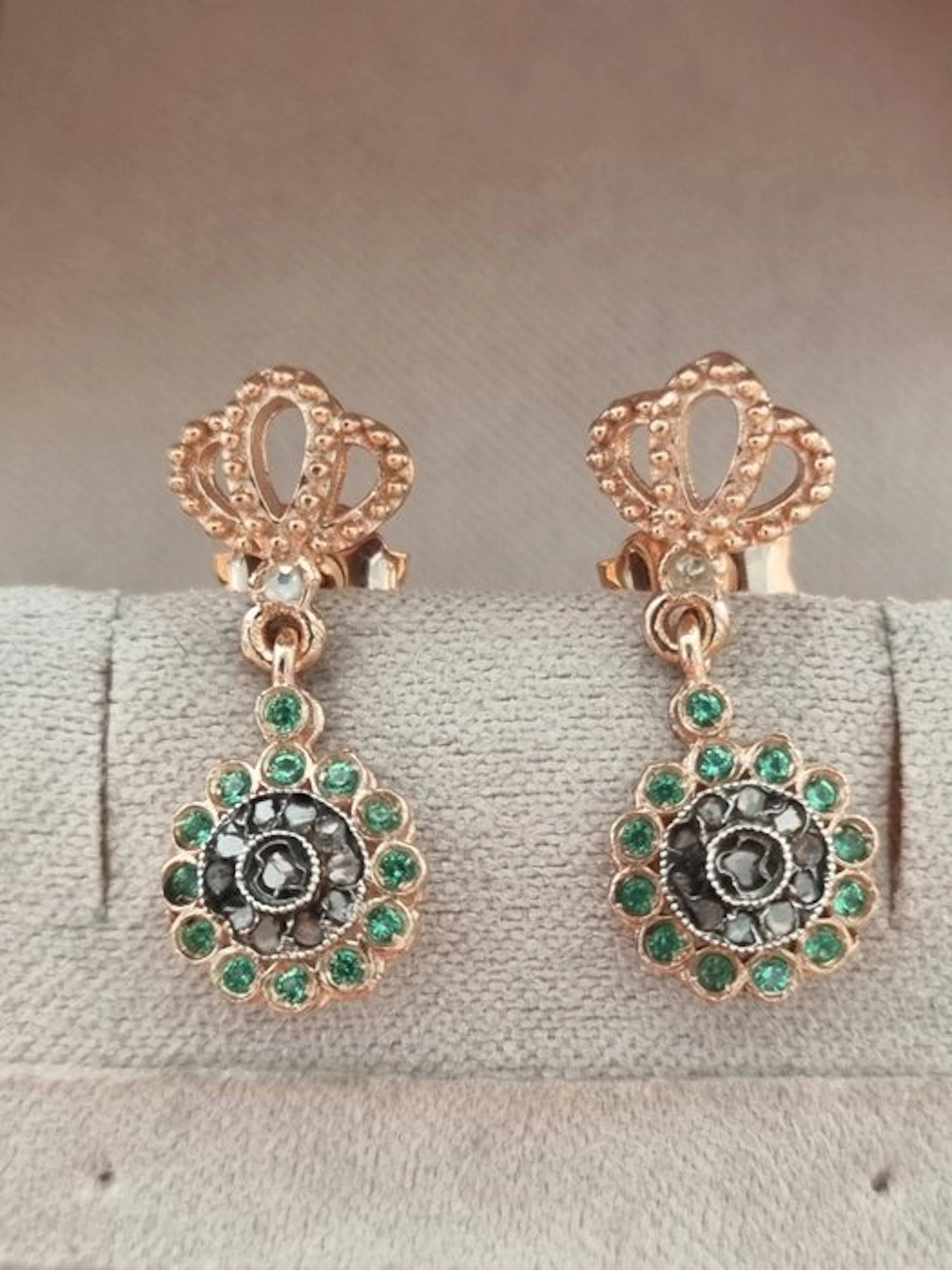 No reserve price - Earrings - 9 kt. Silver, Rose gold Emerald - Diamond