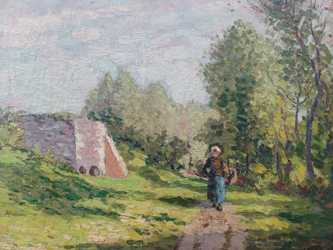 Henri Deglume ( 1846-1940 ) - Landschap met wandelend vrouwtje