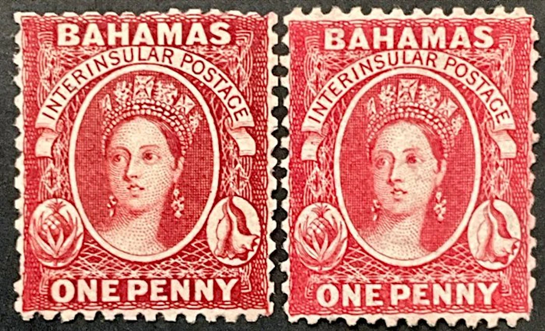 Brittiska samväldet 1863 - Bahamas två gånger ONE PENNY Mi.Nr. 5Aa + Scott 11b per MNH ** Katalogvärde: 440,-€ och certifikat - Michel + Scott