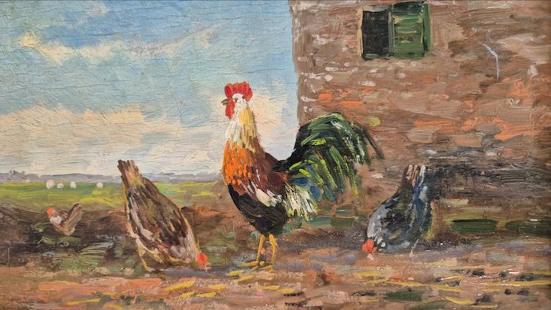 Hollandse School (XX) - Hanen bij een schuur