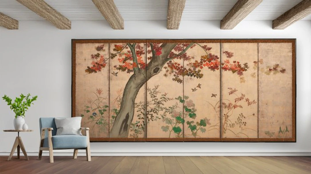 Folding screen with autumn tree - Silk