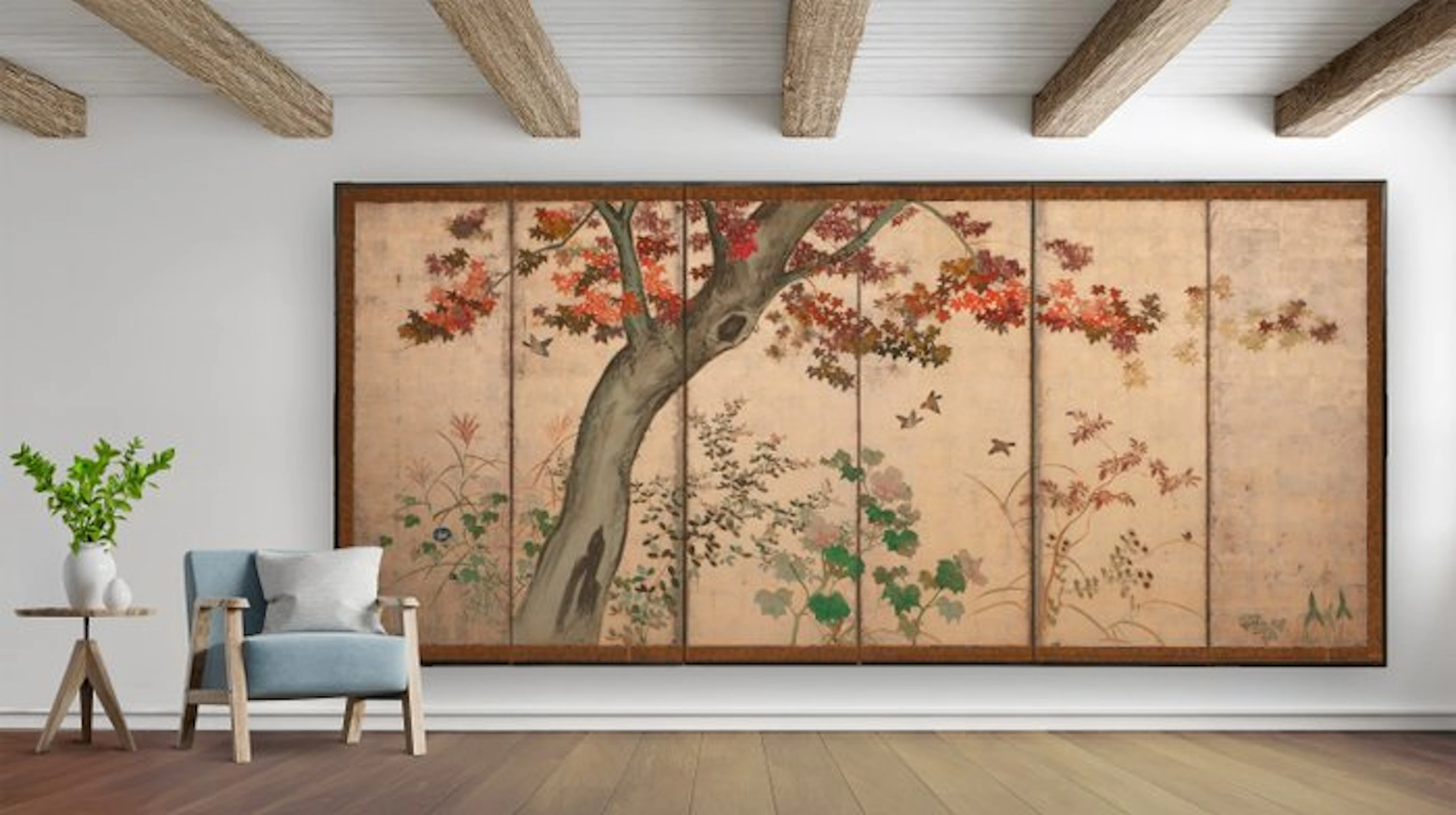 Folding screen with autumn tree - Silk