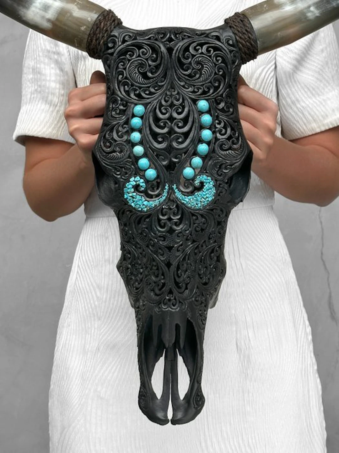 NO RESERVE PRICE - Large Black Hand-Carved Bull Skull...