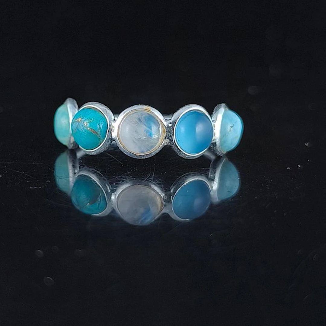 Tourmaline - Silver - Amulet ring - Larimar, Turquoise, Moon