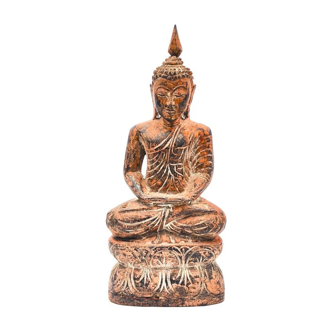 Ancient Indochinese Wood XL Sitting Buddha Statue Altar Idol Talisman - 290 mm
