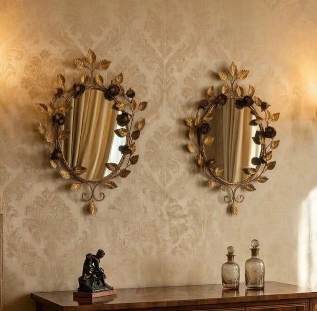 Mirror (2) - Wood, Gilded wrought iron - a motif of roses and leaves