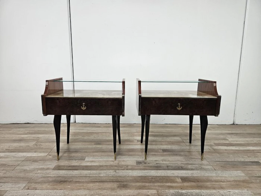 Nightstand (2) - Mahogany, Glass, Brass