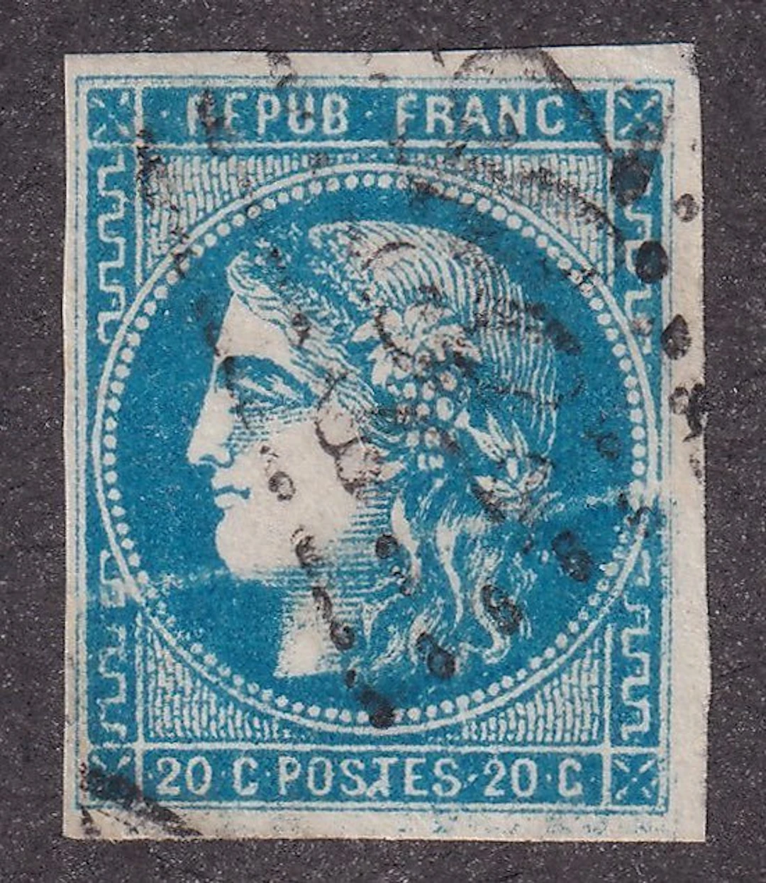 France - 20c blue variety, white claw - TB - Yvert n°46B