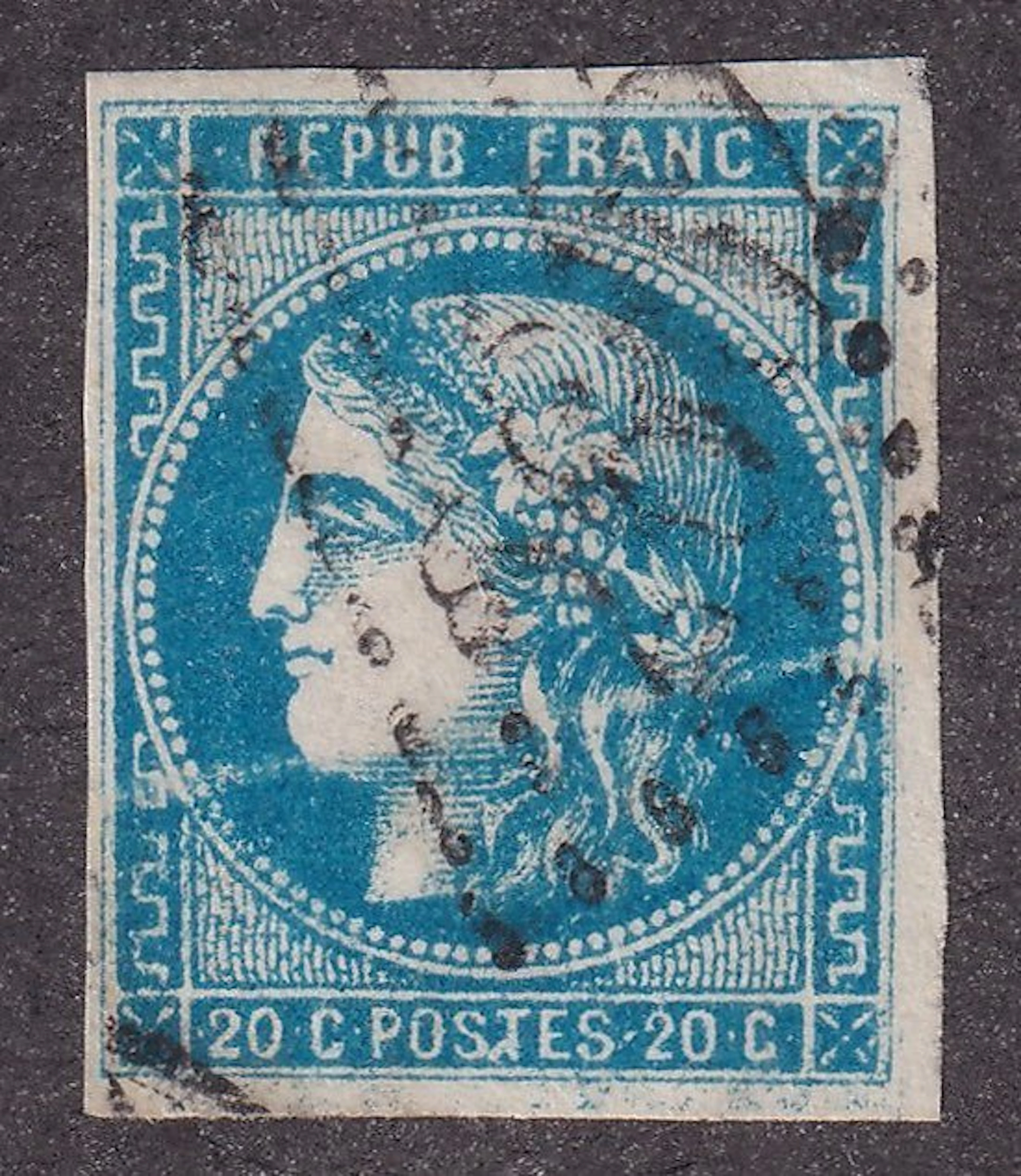 France - 20c blue variety, white claw - TB - Yvert n°46B