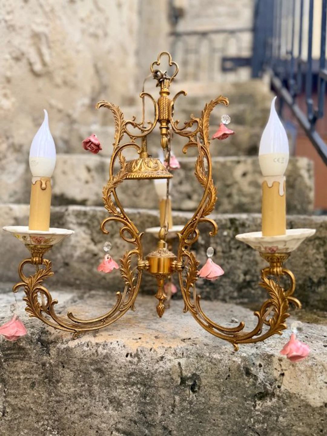 Chandelier - Brass, Porcelain, Glass - Gilt Chandelier