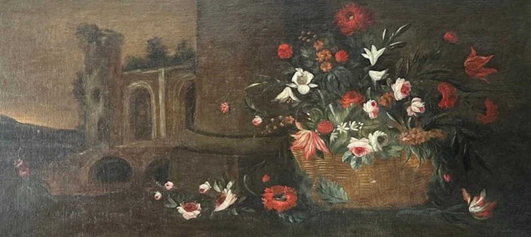 Scuola italiana (XIX-XX) - Natura morta con fiori e rovine- XL format