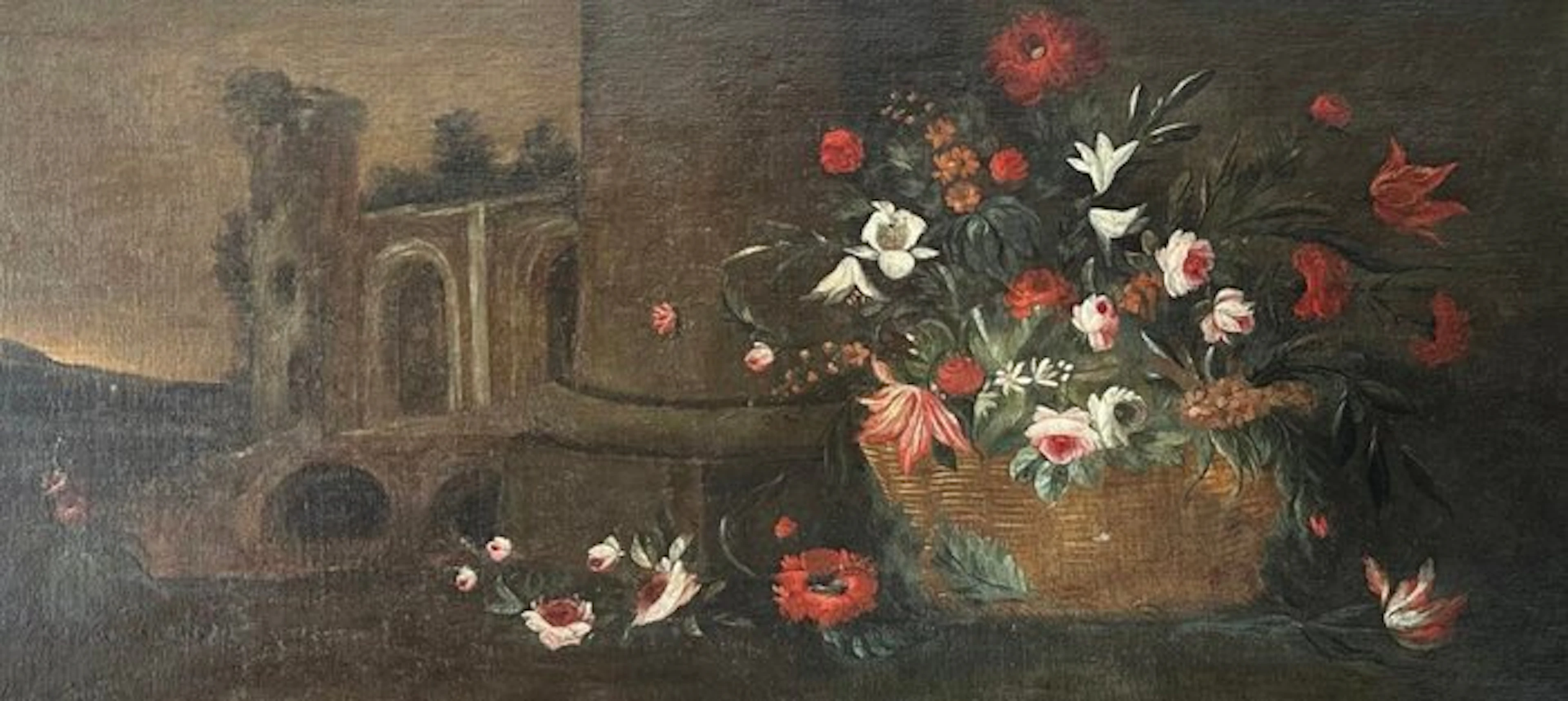Scuola italiana (XIX-XX) - Natura morta con fiori e rovine- XL format