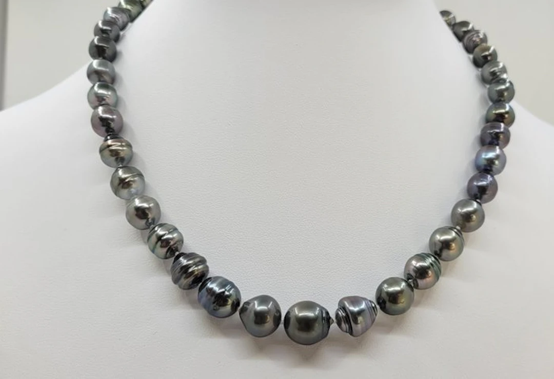 No reserve price - Necklace Silver, 7.5x11mm Peacock Green Tahiti Pearls
