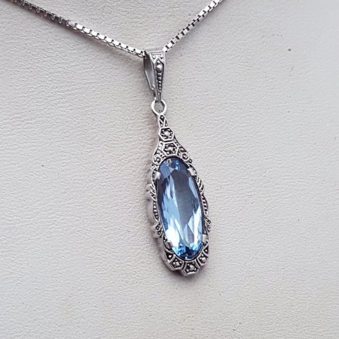 Silver, Art Deco, Blue Spinel (Tested) - Necklace with pendant