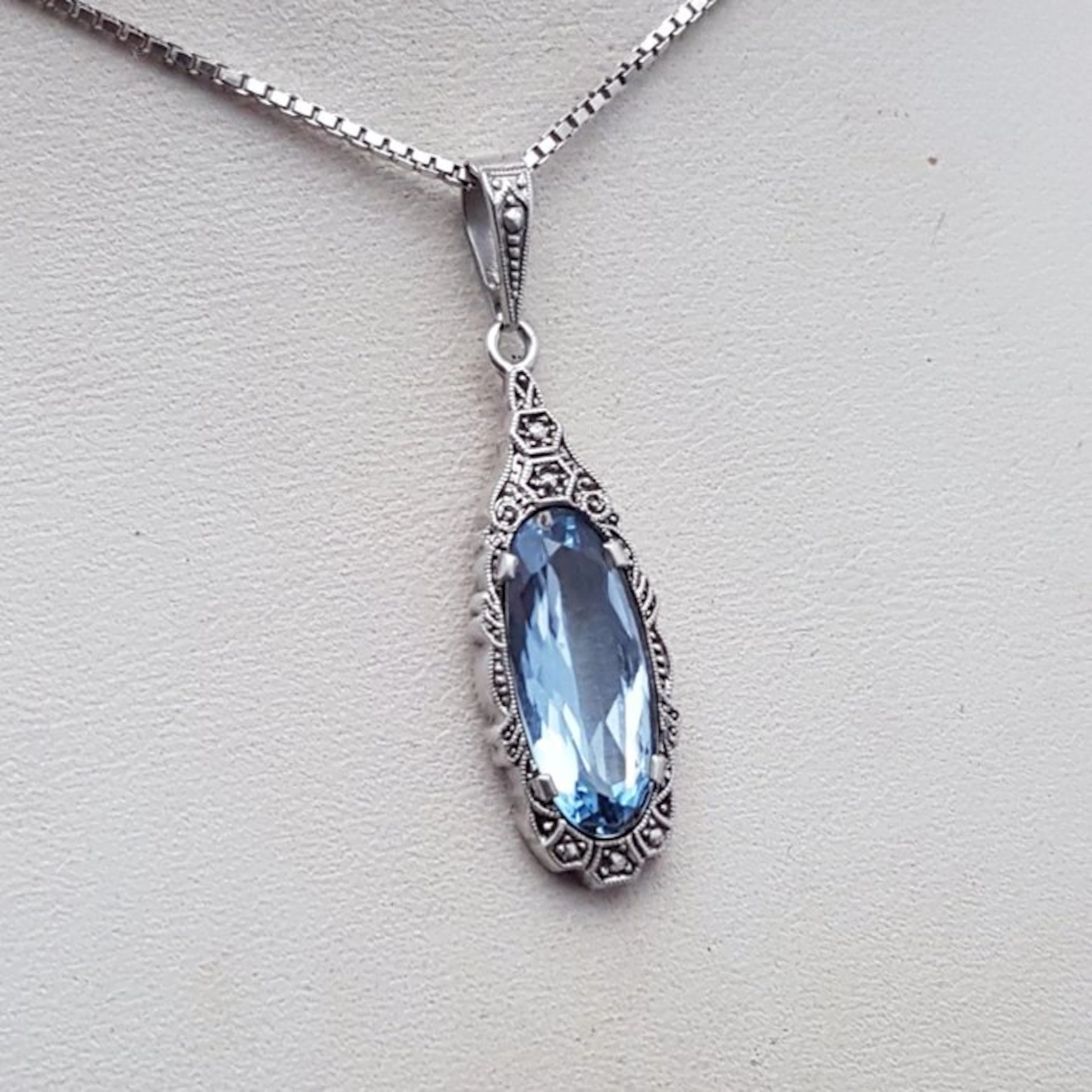 Silver, Art Deco, Blue Spinel (Tested) - Necklace with pendant