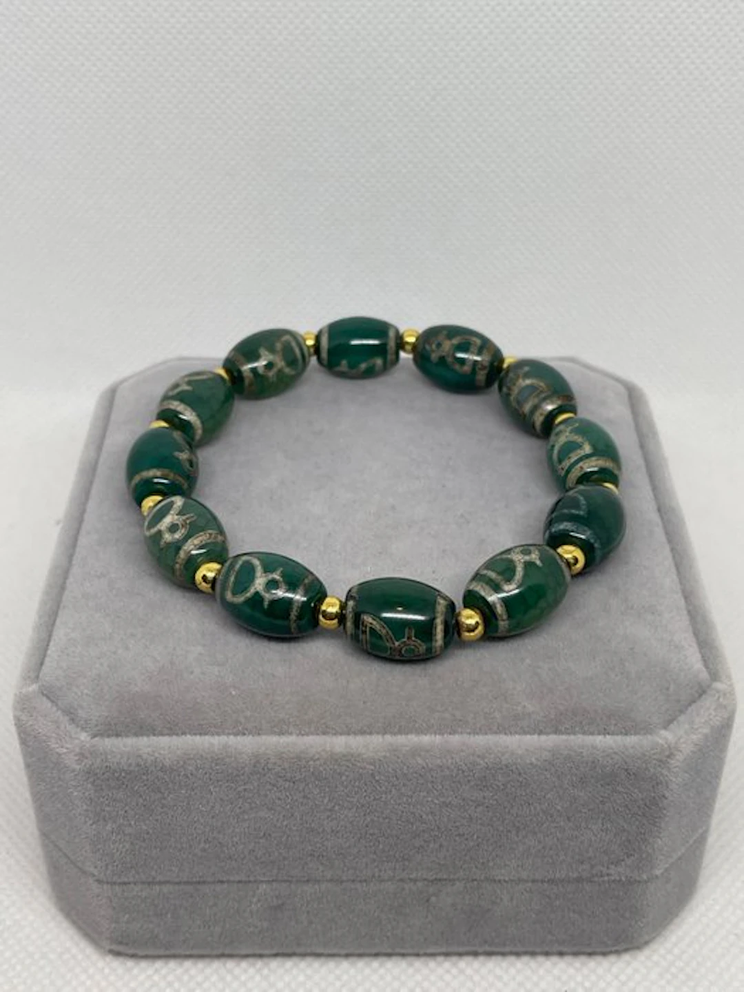 Exclusive Dzi-style green agate bead bracelet with...